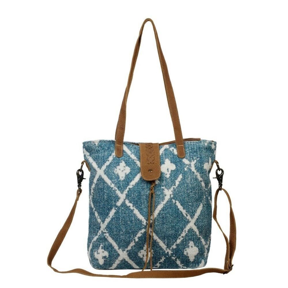 Myra BEGUILE Blue White Rug Canvas Brown Leather Upcycled Tote Bag